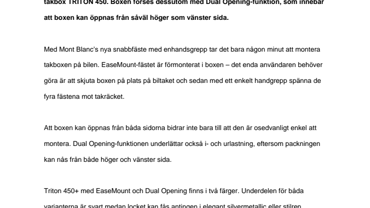 Mont Blanc lanserar takbox Triton 450+ med EaseMount – snabbfästet som på någon minut problemfritt monterar takboxen på bilen