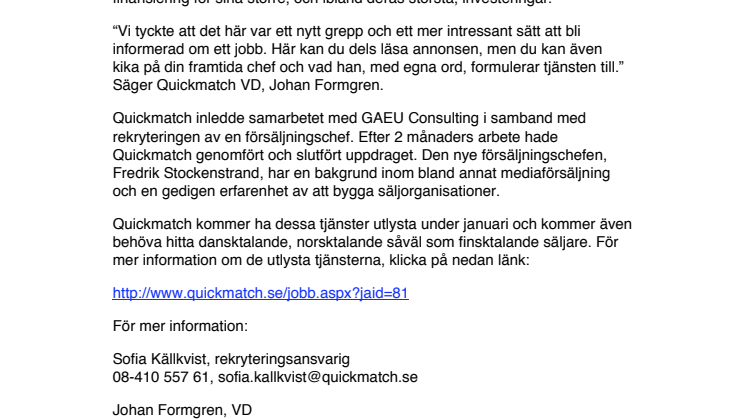 Quickmatch rekryterar säljare med video.