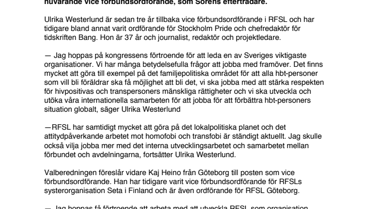 Ulrika Westerlund föreslås bli ny förbundsordförande i RFSL