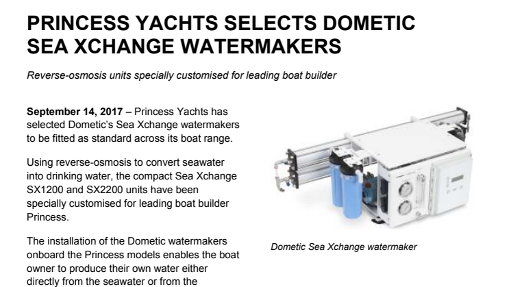 Princess Yachts Selects Dometic  Sea Xchange Watermakers