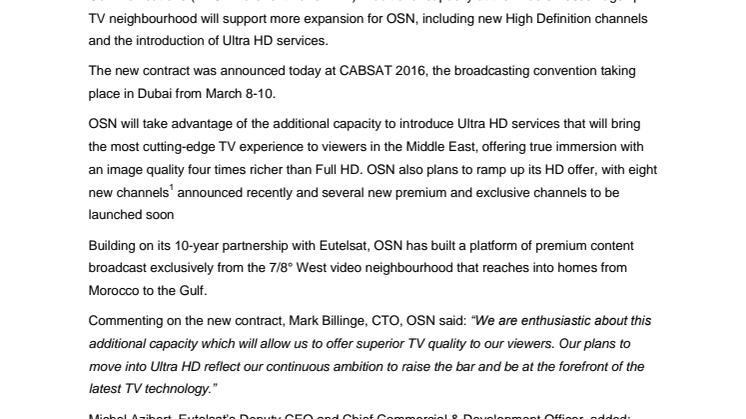 OSN partners with Eutelsat for more HD channels and sets stage for Ultra HD services in the Middle East and North Africa 