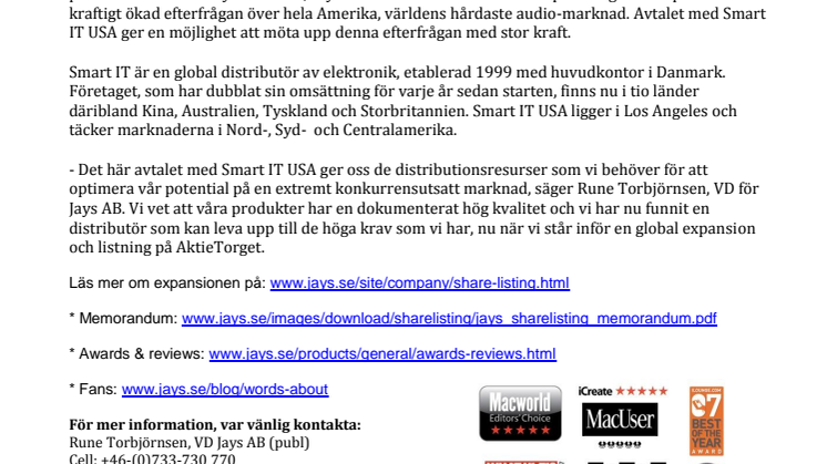 Jays tecknar amerikanskt distributionsavtal med Smart IT