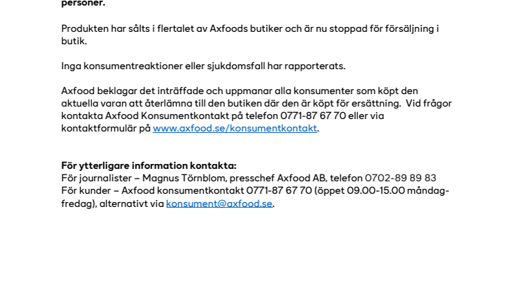 Axfood återkallar Eldorado Chokladflarn, 600g
