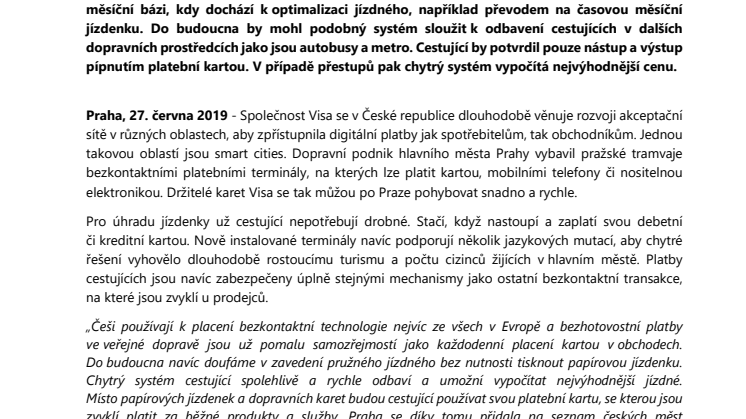 Cestování v Praze je rychlejší s bezkontaktní kartou Visa