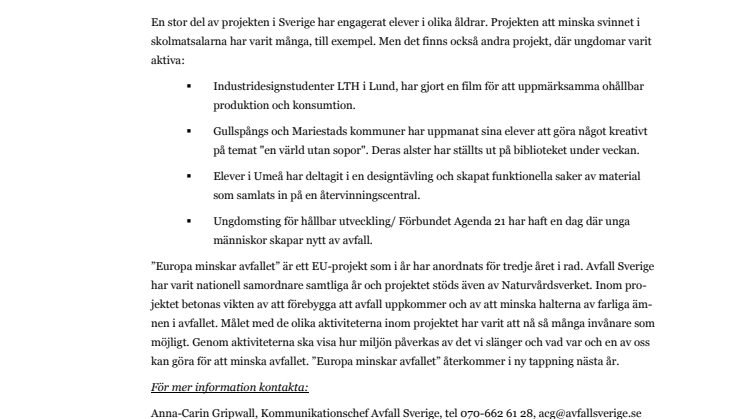 Elever från söder till norr har uppmärksammat ”Europa minskar avfallet” med olika aktiviteter 