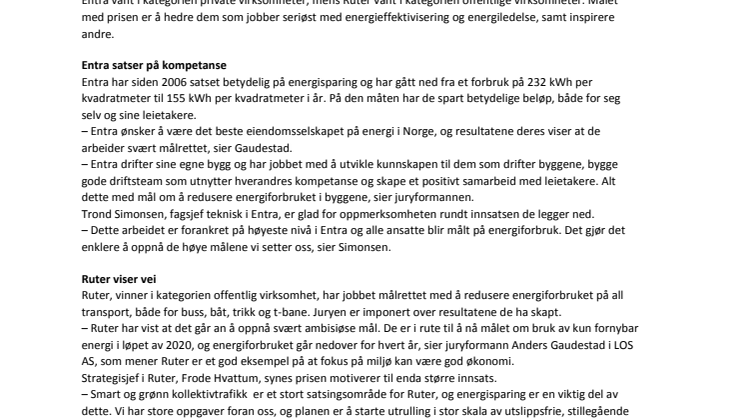 LOS Energy Award 2016: Entra og Ruter best på energisparing