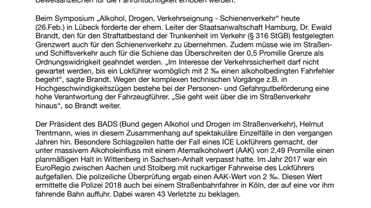 „Absolute Fahruntüchtigkeit auf Schiene und Straße gleich behandeln“