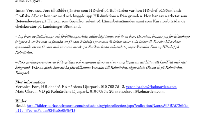Veronica Fors är ny HR-chef på Kolmården
