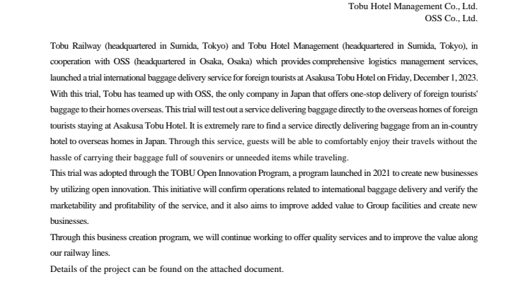 Trial of International Baggage Delivery Service for Foreign Tourists at Asakusa Tobu Hotel 