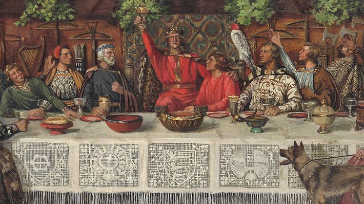 Agnes Slott-Møller "Kong Valdemar Sejr ved Jagtmåltidet på Lyø". Forarbejde. Usigneret. Olie på lærred. 55 x 131.