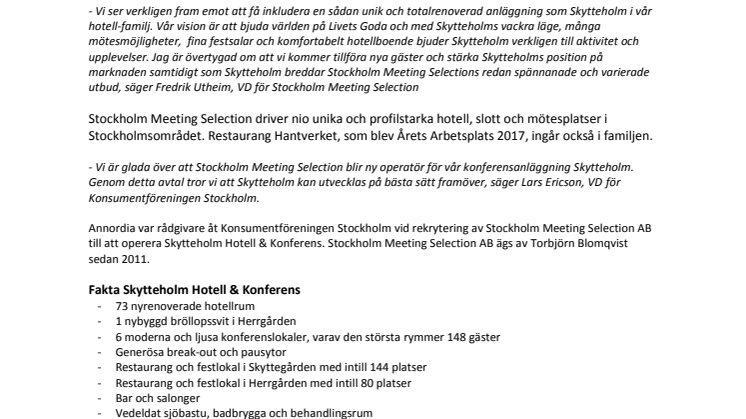 Skytteholm Hotell & Konferens blir en del av Stockholm Meeting Selection