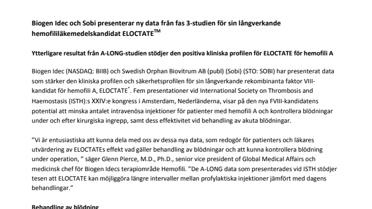 Biogen Idec och Sobi presenterar ny data från fas 3-studien för sin långverkande hemofililäkemedelskandidat ELOCTATE(TM)