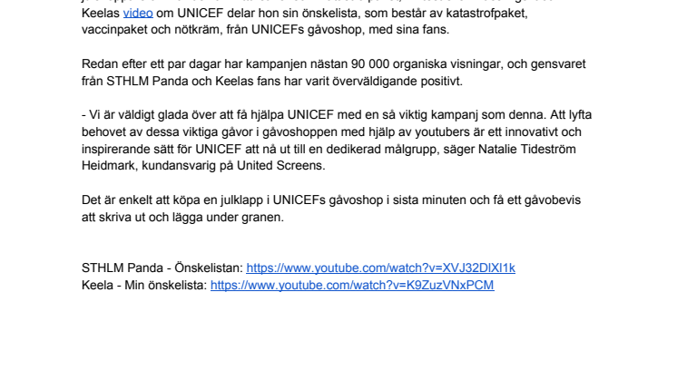 UNICEF väljer youtubers från United Screens för att lyfta sin gåvoshop i jul