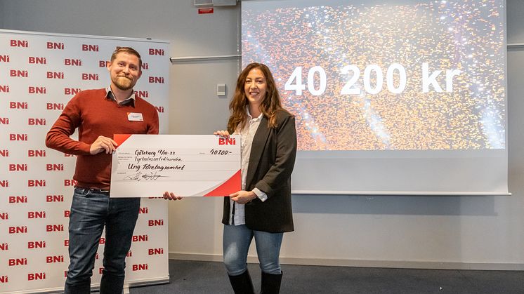 Daniel Hognert, affärspartner i BNI, räcker över checken till Isabelle Svahn från Ung Företagsamhet. Fotograf: Johan Arnmarker