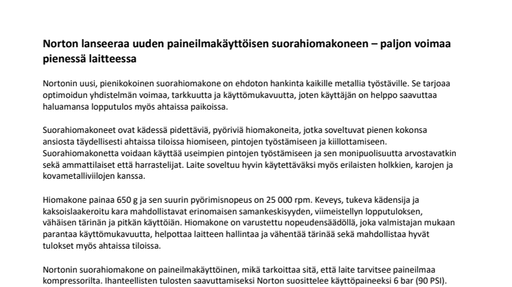 Norton lanseeraa uuden paineilmakäyttöisen suorahiomakoneen – paljon voimaa pienessä laitteessa