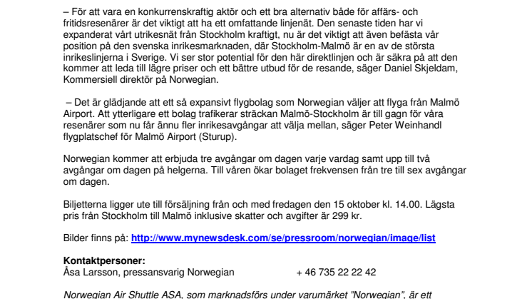 Norwegian startar ny inrikeslinje, Stockholm-Malmö