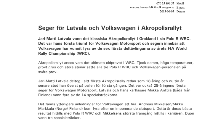 Seger för Latvala och Volkswagen i Akropolisrallyt 