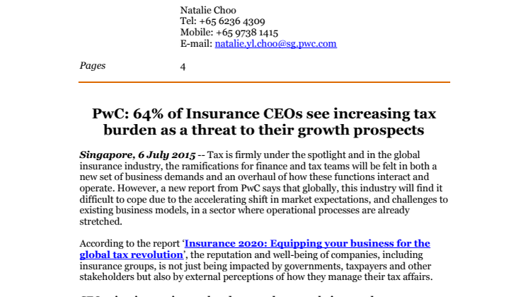 PwC: 64% of Insurance CEOs see increasing tax burden as a threat to their growth prospects