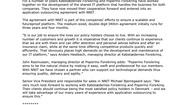 NNIT signs agreement with Købstædernes Forsikring and Popermo Forsikring