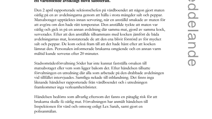 Matsabotage på vårdboende anmäls enligt Lex Sarah