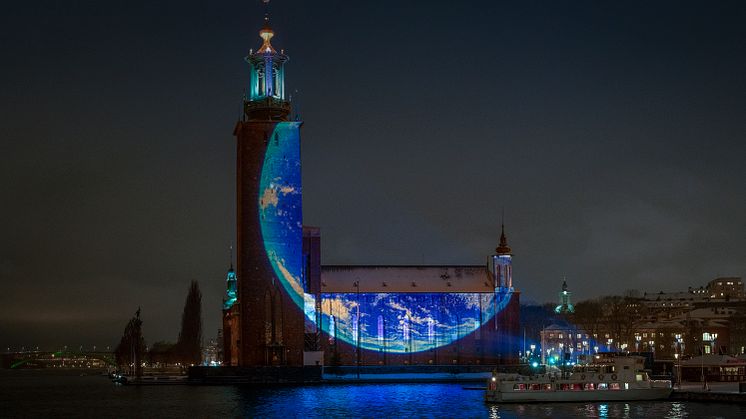 Stockholm City Hall, Nobel Week Lights. Photo: Christan Åslund
