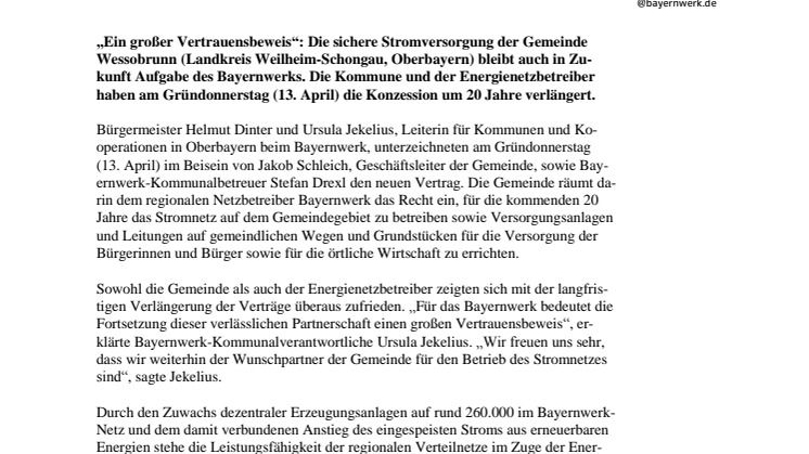 Bayernwerk betreibt weiterhin Stromnetz in Wessobrunn