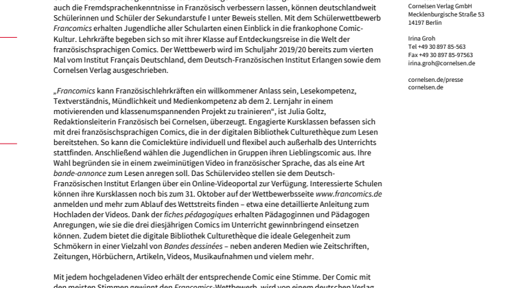 Comics im Französischunterricht: Cornelsen unterstützt Schulwettbewerb Francomics 