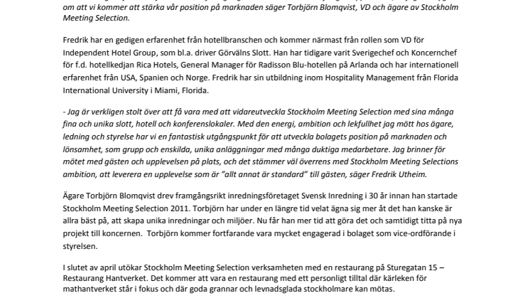 Stockholm Meeting Selection stärker sin ledning för utveckling och tillväxt