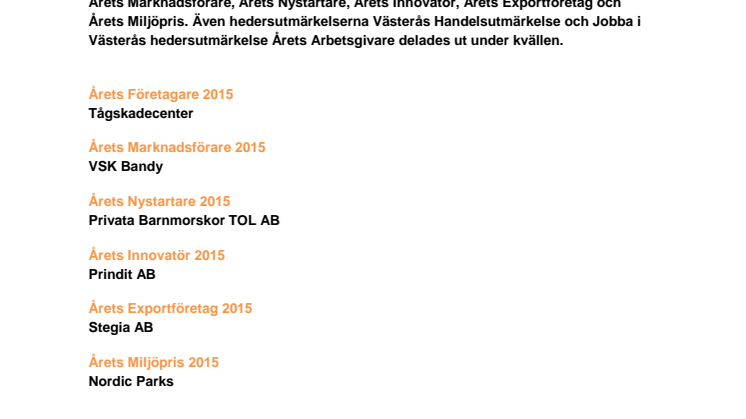 Vinnare korades vid Västerås näringslivsgala Guldstänk
