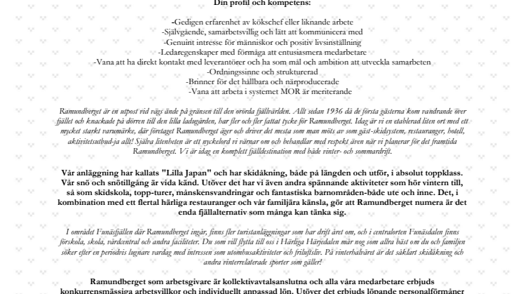 Ramundberget söker Kökschef