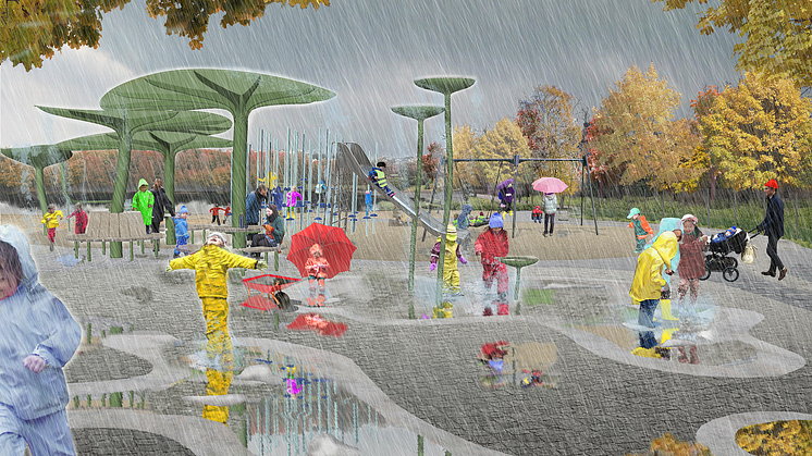 Så här kan det se ut på regnlekplatsen när det regnar. Illustration 02Landskap.