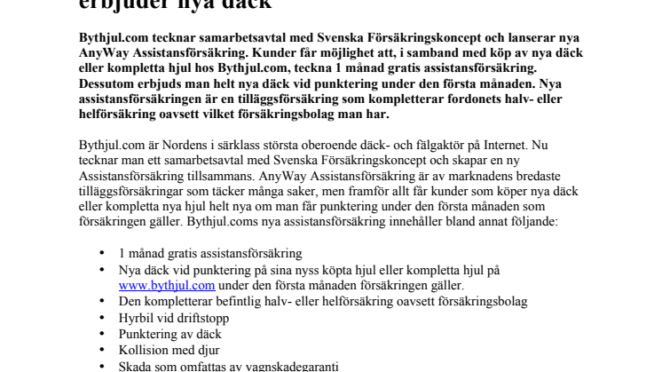 Ny assistansförsäkring från Bythjul.com  erbjuder nya däck