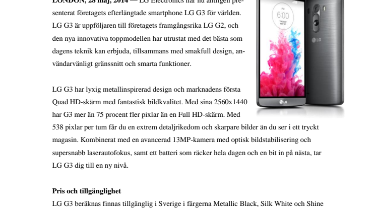 LG LANSERAR G3 – VÄLKOMMEN TILL NÄSTA NIVÅ INOM SMARTPHONES