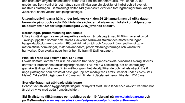 Stort intresse för lokala uttagningstävlingar i ”SM för unga plåtslagare 2016”