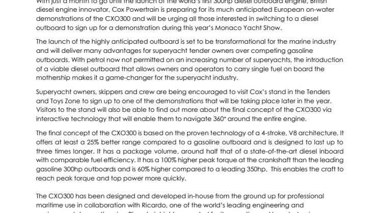 Cox Powertrain:  Cox Gears up for EU Demo Programme of Innovative Diesel Outboard
