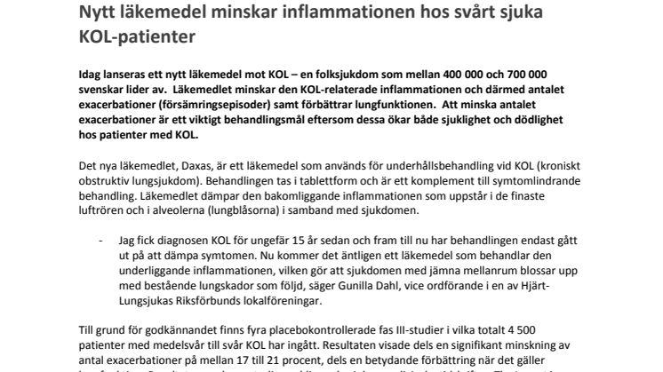 Första nya KOL-behandlingen på tio år: Nytt läkemedel minskar inflammationen hos svårt sjuka KOL-patienter 