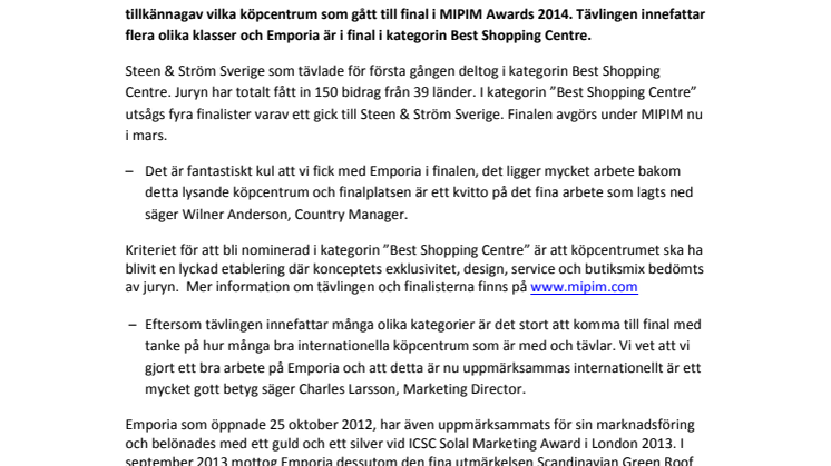 Steen & Ströms Emporia finalist i fastighetsbranschens största tävling Mipim Awards