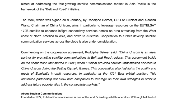 Eutelsat and China Unicom join forces to provide satellite communication services in the framework of the “Belt and Road” initiative