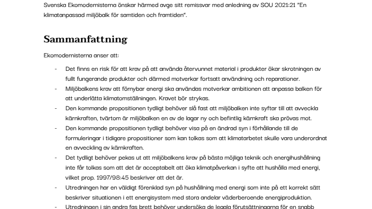Remiss av SOU 2021:21 En klimatanpassad miljöbalk för samtiden och framtiden