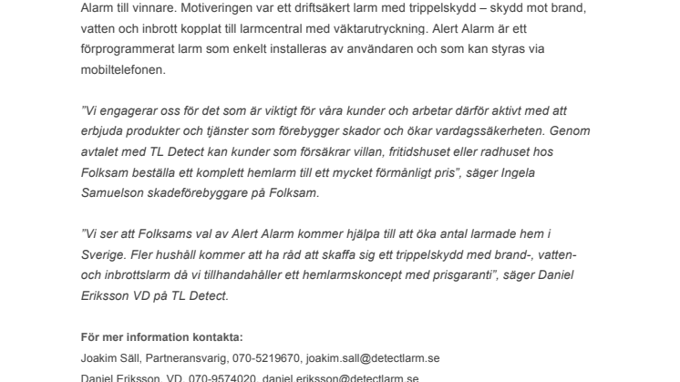 Folksam väljer Alert Alarm till sitt larmerbjudande