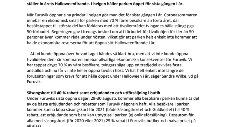 Inget Halloweenfirande på Furuvik i år
