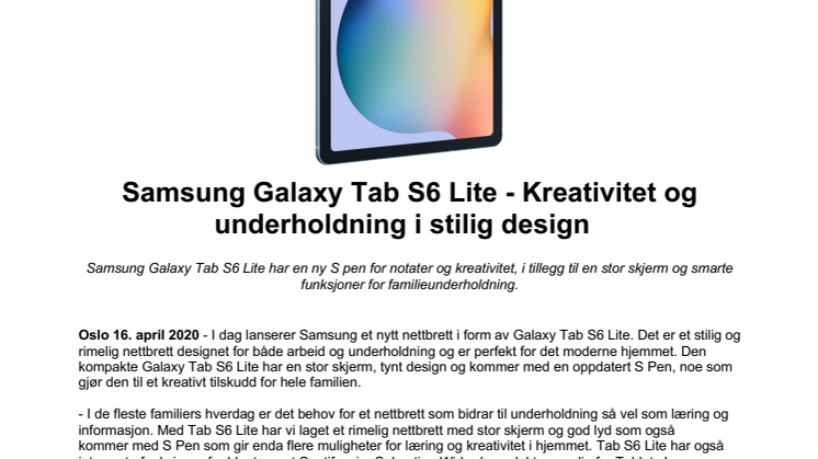 Samsung Galaxy Tab S6 Lite - Kreativitet og underholdning i stilig design  