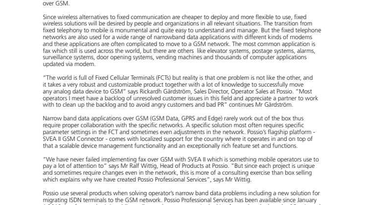 Swedish wireless innovator Possio, announces Possio Professional Services to meet growing narrow band data demand from mobile operators and enterprises around the world