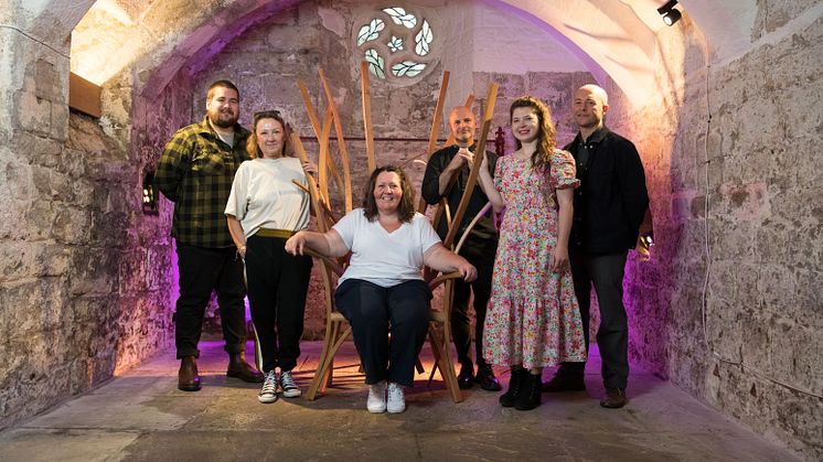 With the Story Chair are Andrew Weatherhead and Pearl Saddington from the National Trust, Dawn Harrison from Changing Lives, Jon Canessa from Newcastle Cathedral, Dr Angelika Strohmayer from Northumbria University and furniture maker, Nick James.