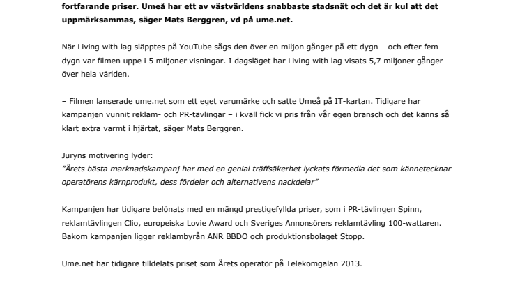 Ume.nets film Living with lag prisad på Telekomgalan 