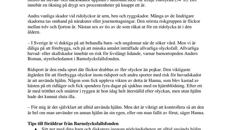 Huvudskador efter ridolyckor ökar bland flickor - risk för svåra men