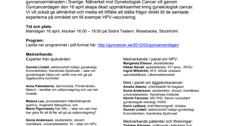 Pressinbjudan Gyncancerdagen 16 april - Kvinnor måste få mer kunskap om symptom på gynekologisk cancer