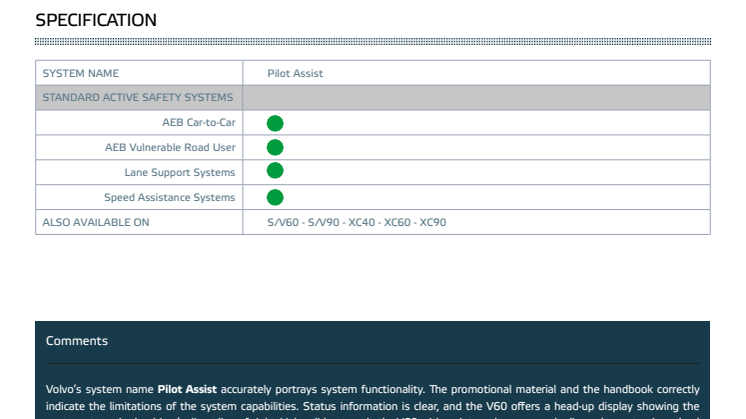 Volvo V60 Euro NCAP Assisted Driving Grading datasheet