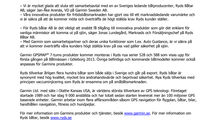 Garmin® Sweden AB och Ryds Båtar AB tecknar samarbetsavtal