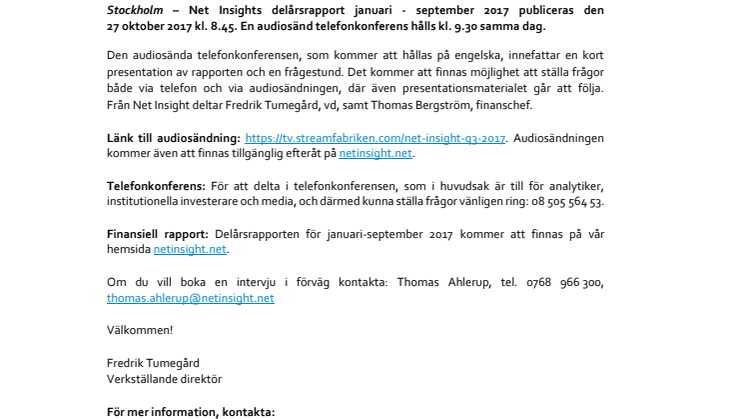Inbjudan till presentation av Net Insights delårsrapport  januari-september 2017